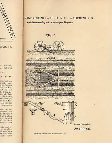 Original Patentschrift - E. Gärtner in Lichtenberg b. Reichenau i.S., 1899 , Pflug für Kartoffeln , Landwirtschaft  !!!