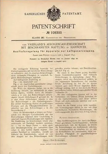 Original Patentschrift - van Vriesland`s Aerogengas GmbH in Hannover , 1899 ,  Apparat zur Luftgas !!!