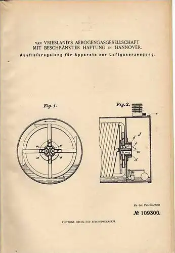 Original Patentschrift - van Vriesland`s Aerogengas GmbH in Hannover , 1899 ,  Apparat zur Luftgas !!!