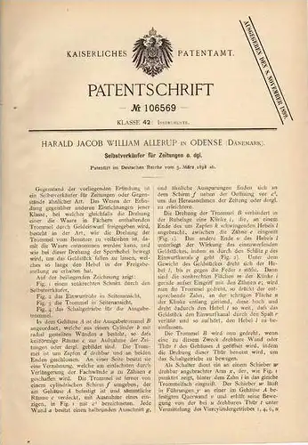 Original Patentschrift - H. Allerup in Odense , 1898 , Selbstverkäufer für Zeitungen , Zeitung !!!