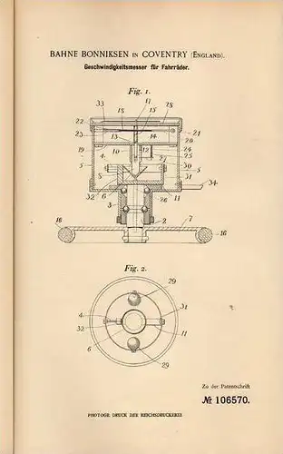 Original Patentschrift - Tachometer , Tacho , 1898 , B. Bonniksen in Coventry , Speedometer , Veigel , Kienzle , VDO !!!
