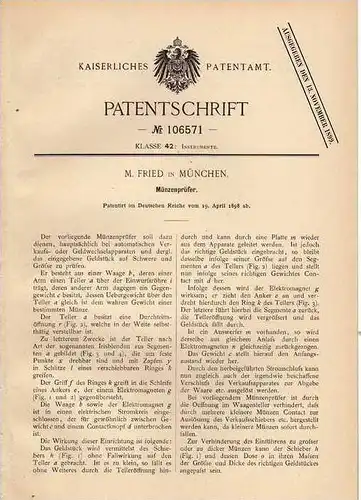 Original Patentschrift - M. Fried in München , 1898 , Münzenprüfer , Geld , Münzen !!!