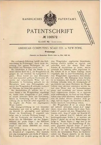 Original Patentschrift - Preiswaage , Waage , 1898 ,  American Computing Scale Co. in New York !!!