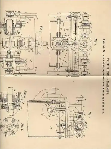 Original Patentschrift - J. Fliegel in Mallmitz i. Schlesien / Malomice , 1898 , Spindeln für Werkzeugmaschinen !!!