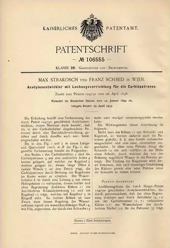 Original Patentschrift - F. Schmid in Wien , 1899 , Entwickler für Acetylen  !!!