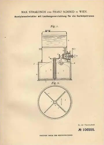 Original Patentschrift - F. Schmid in Wien , 1899 , Entwickler für Acetylen  !!!