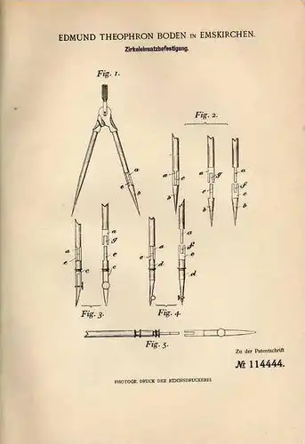 Original Patentschrift - E. Theophron in Emskirchen , 1900 , Einsatz für Zirkel !!!