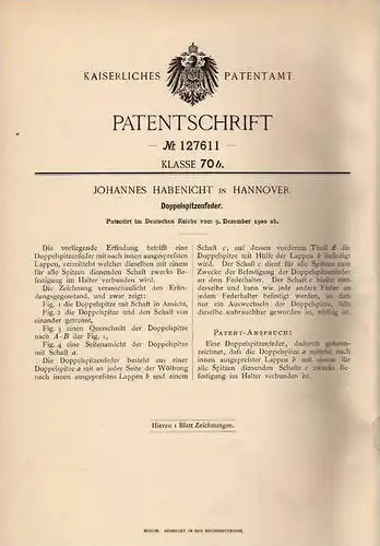 Original Patentschrift - Doppelspitzenfeder , 1900 , J. Habenicht in Hannover , Faber , Pelikan !!!