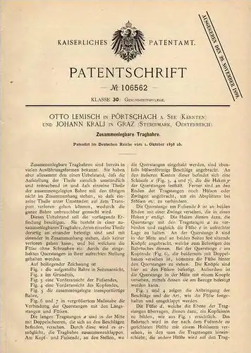 Original Patentschrift - J. Kralj in Pörtschach a. See und Graz , 1898 , Tragbahre , Trage , Krankentrage !!!