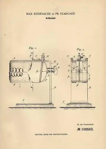 Original Patentschrift - M. Reisenauer in Pr. Stargard , 1899 , Artikulator , Gebiß , Zahnarzt !!!
