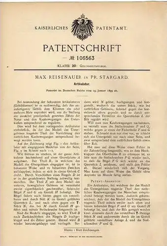 Original Patentschrift - M. Reisenauer in Pr. Stargard , 1899 , Artikulator , Gebiß , Zahnarzt !!!