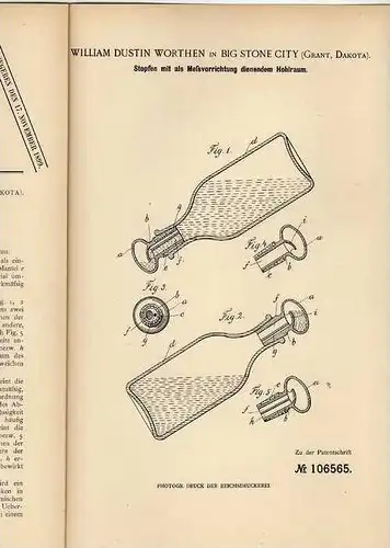 Original Patentschrift - W. Worthen in Big Stone City , 1899 , Meßapparat für Hohlräume !!!