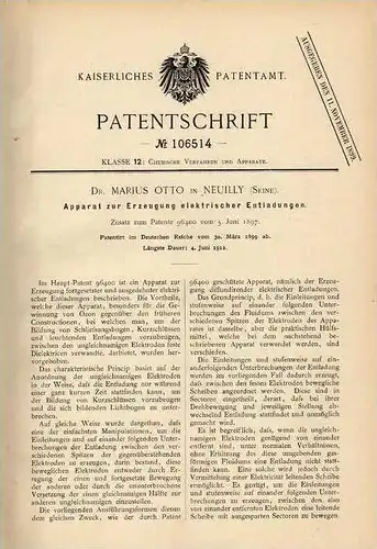 Original Patentschrift - Dr. M. Otto in Neuilly , Seine , 1899 , Apparat für elektrische Entladungen !!!