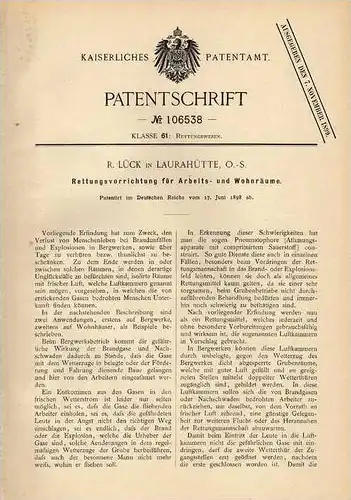 Original Patentschrift - R. Lück in Laurahütte , 1898 , Rettungseinrichtung für Arbeits- und Wohnräme , Bergwerk !!!