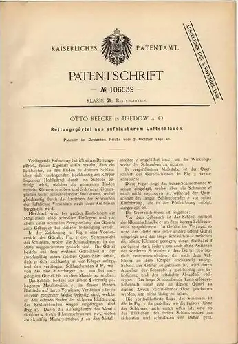 Original Patentschrift - O. Reecke in Bredow a.O., 1898 , Gürtel zur Rettung , Seenotrettung , Seenot  !!!