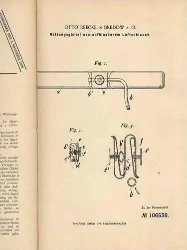 Original Patentschrift - O. Reecke in Bredow a.O., 1898 , Gürtel zur Rettung , Seenotrettung , Seenot  !!!