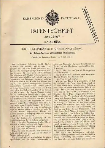 Original Patentschrift - J. Stephansen in Christiana , 1900 , Schiffaufbau als Rettungsboot , Boot !!!