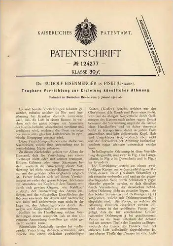 Original Patentschrift - Dr. R. Eisenmenger in Piski , 1901 , Apparat zur künstlichen Atmung , Beatmung , Arzt !!!