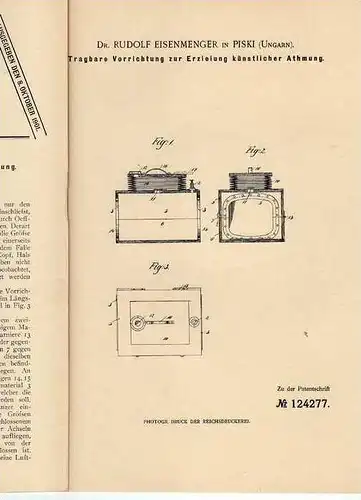 Original Patentschrift - Dr. R. Eisenmenger in Piski , 1901 , Apparat zur künstlichen Atmung , Beatmung , Arzt !!!