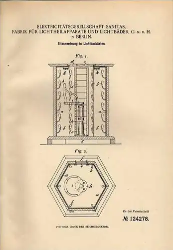 Original Patentschrift - Fabrik Für Lichtheilapparate und Lichtbäder in Berlin , 1901 , Solarium , Lichtbadkasten !!!