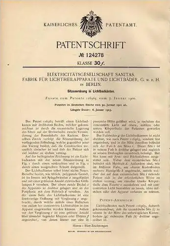 Original Patentschrift - Fabrik Für Lichtheilapparate und Lichtbäder in Berlin , 1901 , Solarium , Lichtbadkasten !!!