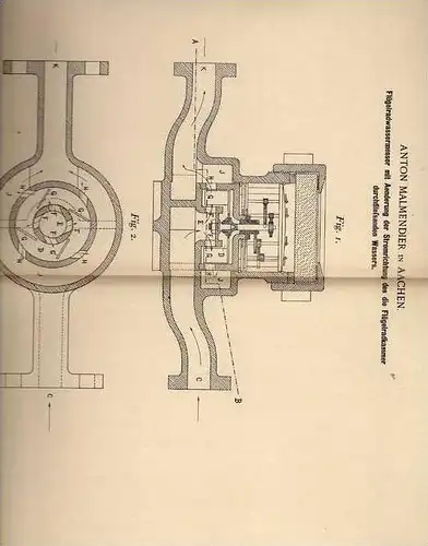 Original Patentschrift - A. Malmendier in Aachen , 1898 , Wasseruhr , Flügelradwassermesser  !!!