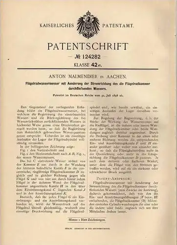 Original Patentschrift - A. Malmendier in Aachen , 1898 , Wasseruhr , Flügelradwassermesser  !!!