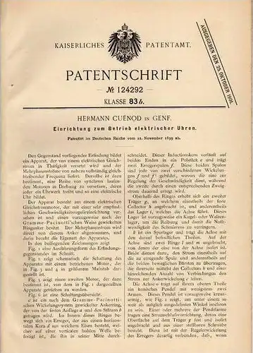 Original Patentschrift - H. Cuénod in Genf , 1899 , elektrische Uhr !!!