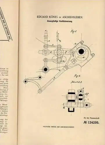 Original Patentschrift - E. König in Aschersleben , 1901 , Ventilsteuerung !!!