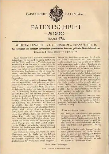 Original Patentschrift - W. Lazareth in Eschersheim b. Frankfurt a.M., 1900 , Riemenscheibenbüchse !!!