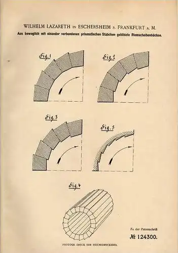 Original Patentschrift - W. Lazareth in Eschersheim b. Frankfurt a.M., 1900 , Riemenscheibenbüchse !!!