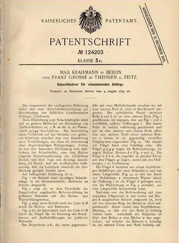 Original Patentschrift - F. Grosse in Theissen b. Zeitz , 1899 , Schachtbohrer für Gebirge , Tunnel , Bergwerk , Stollen