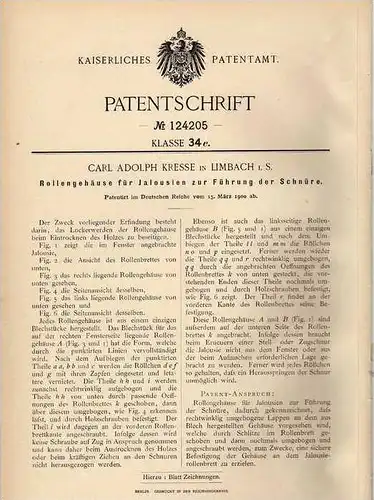 Original Patentschrift - C Kresse in Limbach i.S. , 1900 , Jalousie , Rolladen !!!
