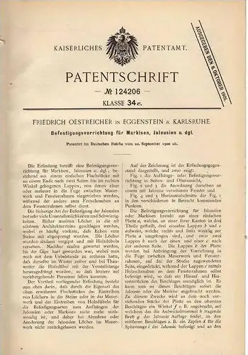 Original Patentschrift - F. Oestreicher in Eggenstein b. Karlsruhe , 1900 , Markise , Jalousie , Befestigung !!!