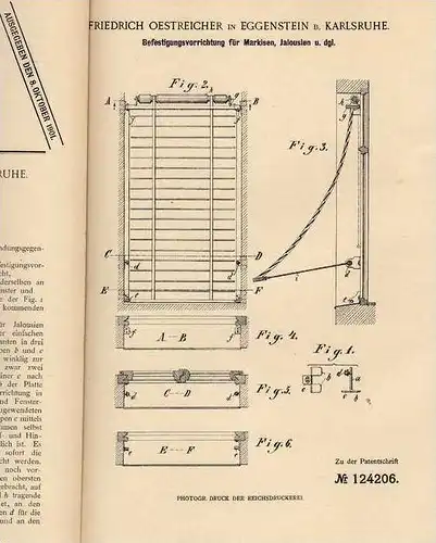 Original Patentschrift - F. Oestreicher in Eggenstein b. Karlsruhe , 1900 , Markise , Jalousie , Befestigung !!!