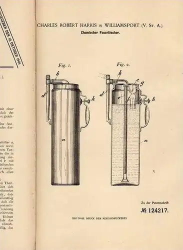 Original Patentschrift - chemischer Feuerlöscher , Feuerwehr , 1900 , C. Harris in Williamsport , USA  !!!