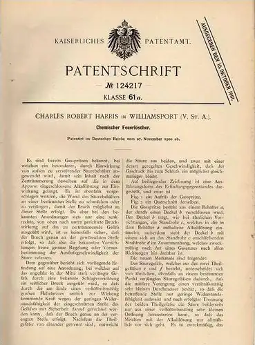 Original Patentschrift - chemischer Feuerlöscher , Feuerwehr , 1900 , C. Harris in Williamsport , USA  !!!