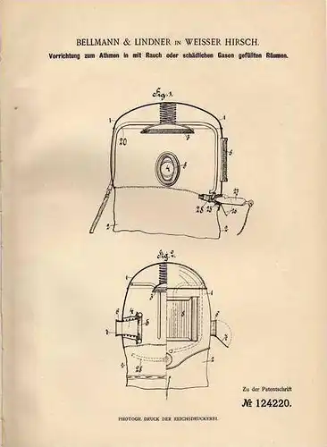 Original Patentschrift - Bellmann & Lindner in Weisser Hirsch , 1901 , Atmungsgerät , Glocke , Feuerwehr !!!