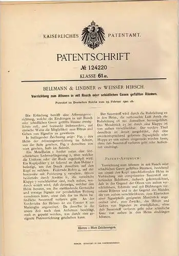 Original Patentschrift - Bellmann & Lindner in Weisser Hirsch , 1901 , Atmungsgerät , Glocke , Feuerwehr !!!