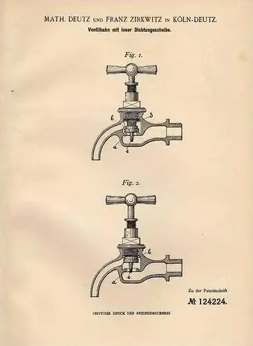 Original Patentschrift - Math. Deutz in Köln Deutz , 1900 , Ventilhahn , Wasserhahn !!!