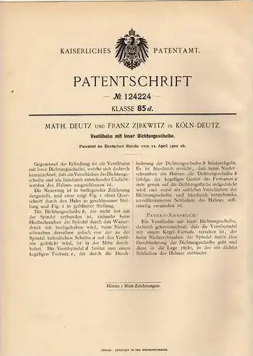 Original Patentschrift - Math. Deutz in Köln Deutz , 1900 , Ventilhahn , Wasserhahn !!!