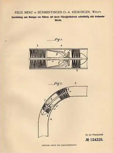Original Patentschrift - F. Menz in Dürmentingen O.-A. Riedlingen , 1900 , drehende Bürste zur Rohrreinigung !!!