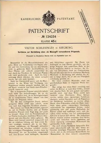 Original Patentschrift - V. Schlesinger in Siegburg , 1900 , Gift für Mäuse , Mäusegift , Rattengift , Ratten !!!