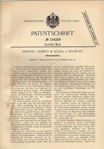 Original Patentschrift - Gebbert & Schall in Erlangen , 1900 , Influenzmaschine !!!