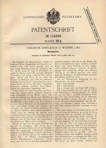 Original Patentschrift - T. Esselbach in Worms a.Rh., 1900 , Mundsperrer für Zahnarzt , Gebiss !!!