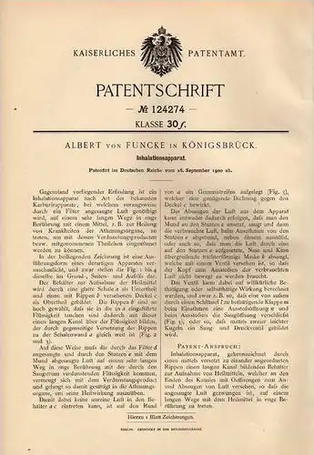 Original Patentschrift - A. von Funcke in Königsbrück i.S.,1900, Apparat zur Inhalation , Allergie , Atmung , Gesundheit