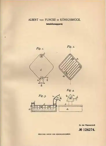 Original Patentschrift - A. von Funcke in Königsbrück i.S.,1900, Apparat zur Inhalation , Allergie , Atmung , Gesundheit