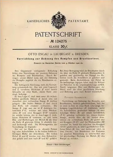 Original Patentschrift - O. Engau in Laubegast b. Dresden , 1900 , Apparat zur Rumpf und Brustdehnung , Physiotherapie !