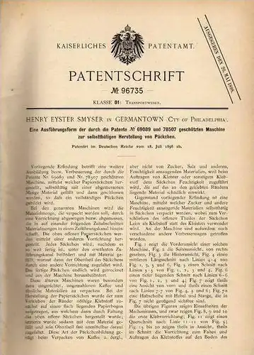 Original Patentschrift - H. Smyser in Germantown , USA , 1896 , Maschine für Päckchen Herstellung , Pakete  !!!