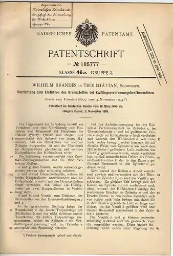 Original Patentschrift - W. Brandes in Trollhättan , Schweden , 1905 , Zwillingsverbrennungsmaschine !!!